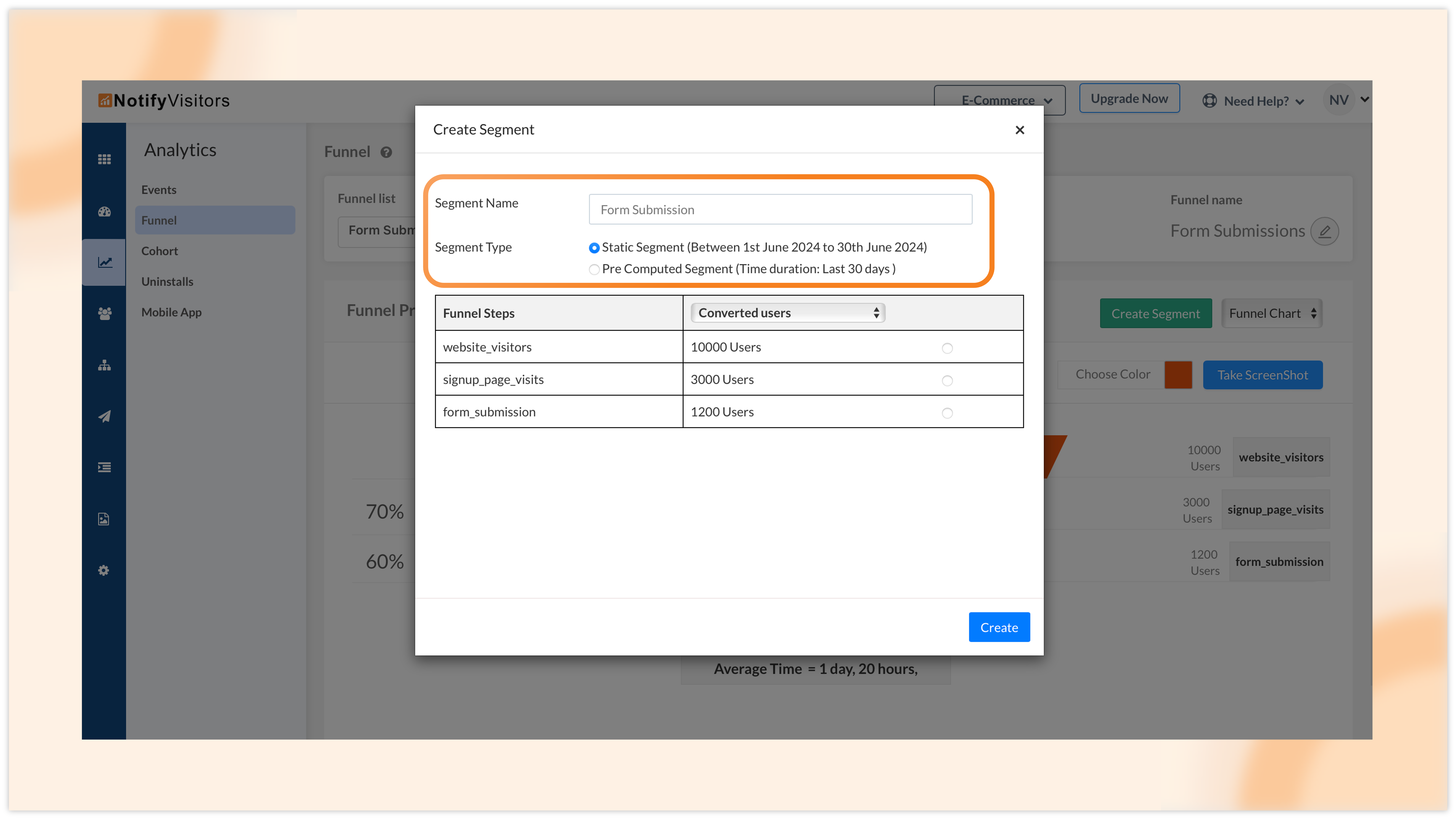 Creating segments of users converting or dropping off at any funnel stage